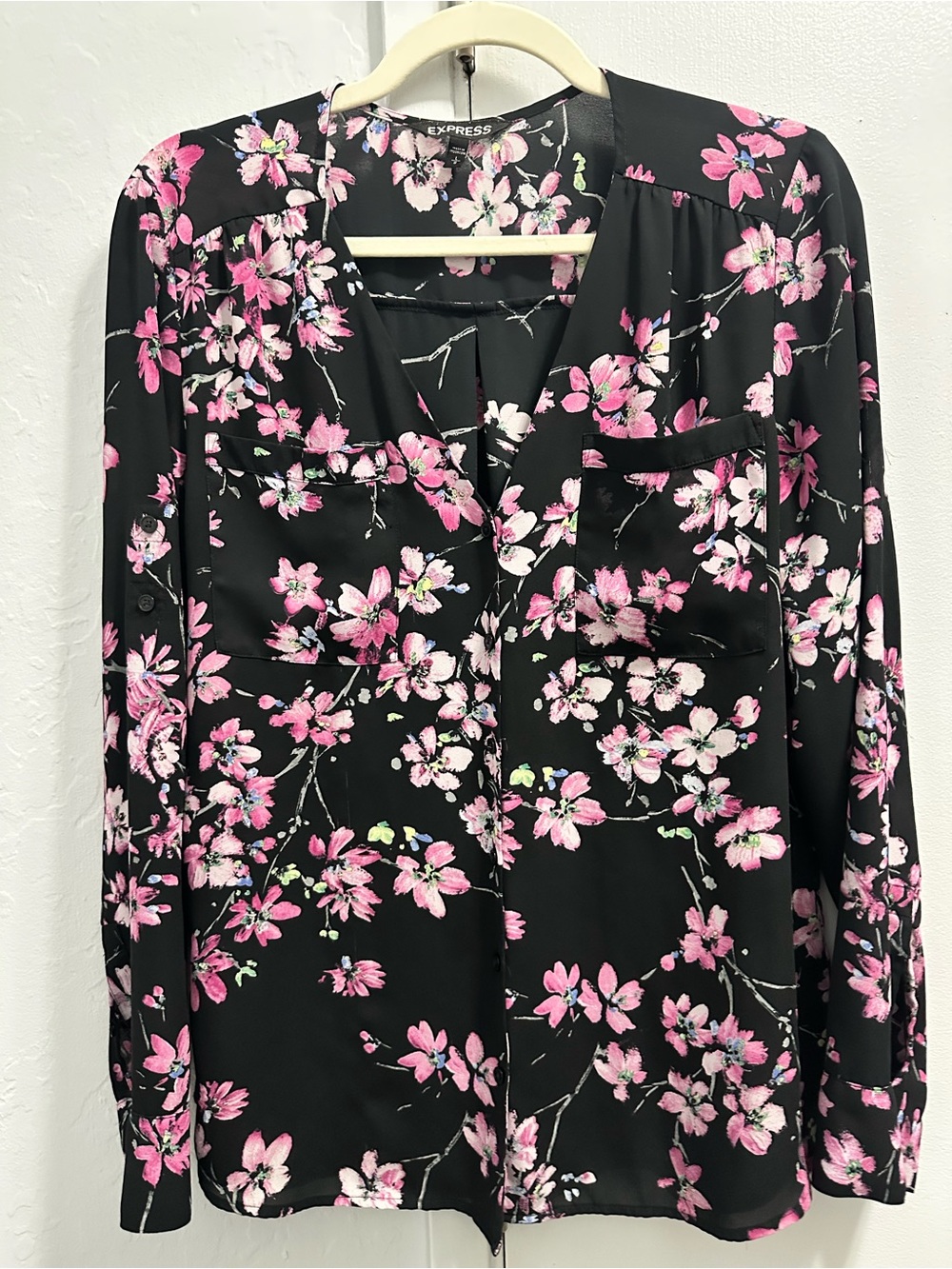 Express Black Top with Pink Floral Pattern